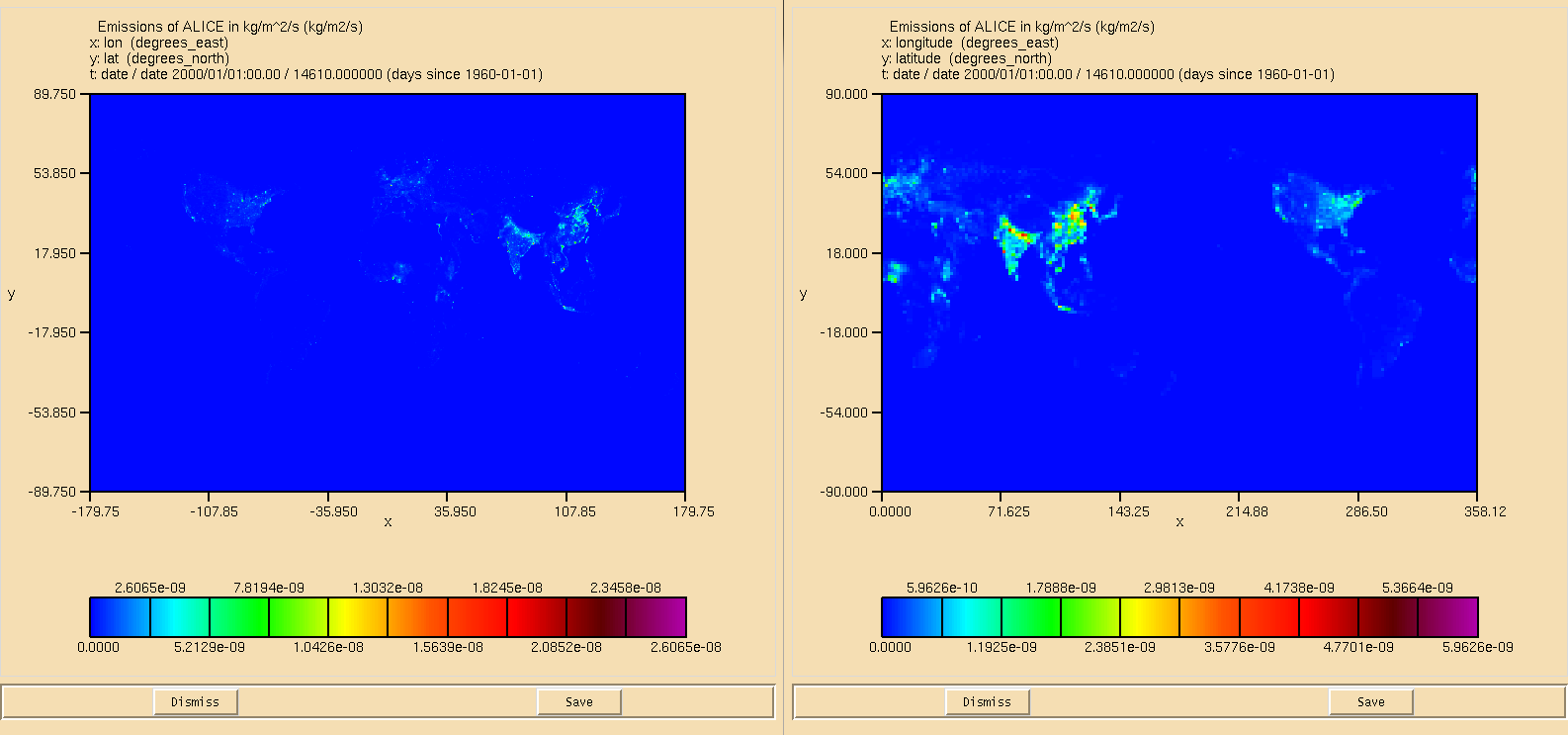 Figure 1: Comparison of the 0.5x0.5 degree data and the N96 regridded data. Note the shift in the grid introduced by changing the first longitude.